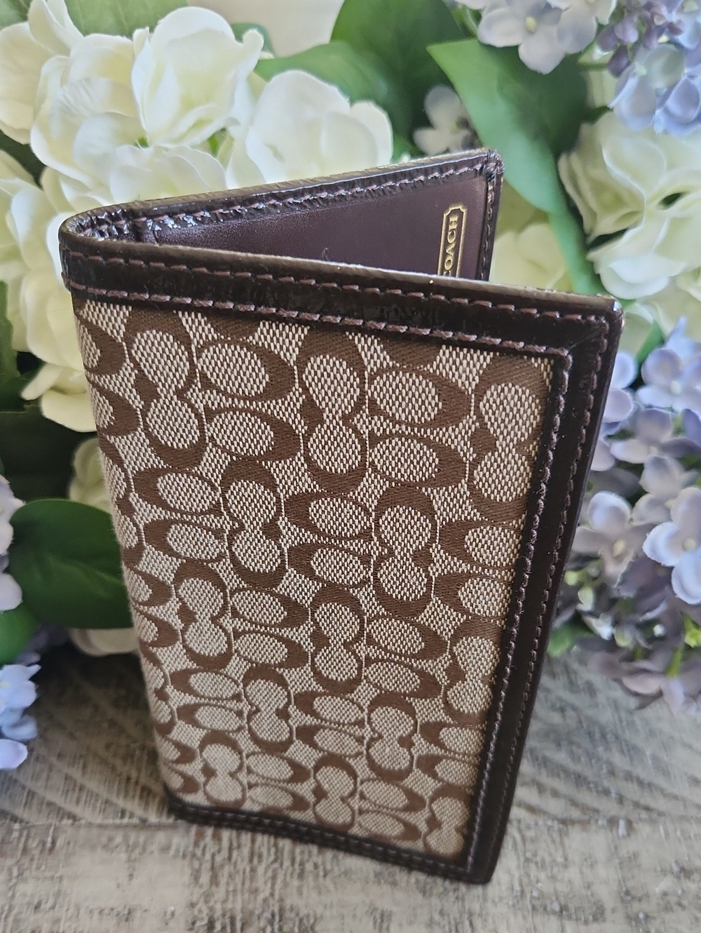 Coach Brown Signature Canvas Bifold Wallet Checkbook Cover.